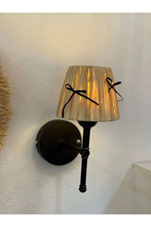 Rafya Hasır Siyah Fiyonk Kurdele Kablosuz Pilli Aplik - Alt Siyah