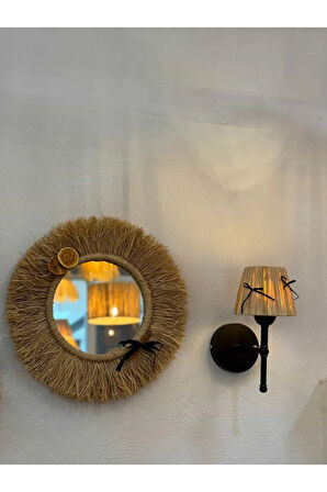 Rafya Hasır Siyah Fiyonk Kurdele Kablosuz Pilli Aplik - Alt Siyah