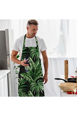 Siyah Tropikal Tasarımlı Mutfak Önlüğü (Keten Kumaş, Uluslararası Yıkama Ve Solmama Sertifikası)