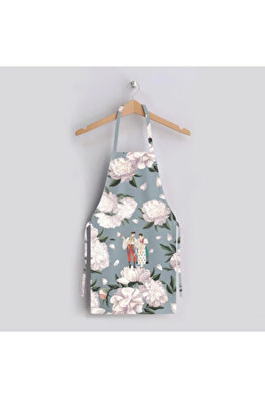 Blue-White Rose Mutfak Önlüğü (Beyaz Güllü, Keten Kumaş, Uluslararası Yıkama Ve Solmama Sertifikası)