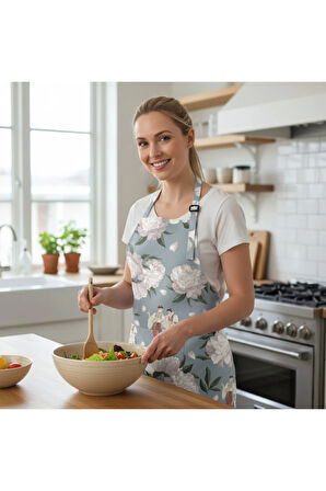 Blue-White Rose Mutfak Önlüğü (Beyaz Güllü, Keten Kumaş, Uluslararası Yıkama Ve Solmama Sertifikası)