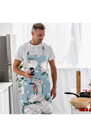 Blue-White Rose Mutfak Önlüğü (Beyaz Güllü, Keten Kumaş, Uluslararası Yıkama Ve Solmama Sertifikası)
