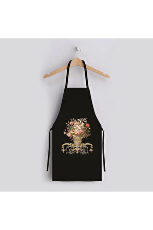 Siyah Figüratif Çiçek Mutfak Önlüğü (Keten Kumaş, Uluslararası Yıkama Ve Solmama Sertifikası)