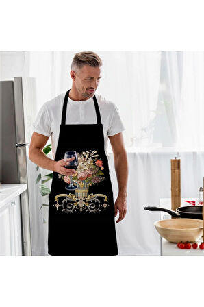 Siyah Figüratif Çiçek Mutfak Önlüğü (Keten Kumaş, Uluslararası Yıkama Ve Solmama Sertifikası)