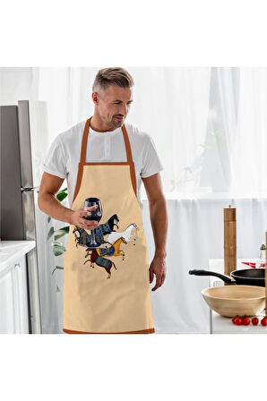 Figüratif At Tasarımlı Mutfak Önlüğü (Keten Kumaş, Uluslararası Yıkama Ve Solmama Sertifikası)