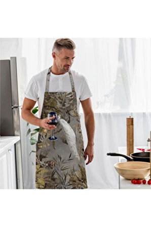 Tavuskuşu Tasarımlı Mutfak Önlüğü (Keten Kumaş, Uluslararası Yıkama Ve Solmama Sertifikası)