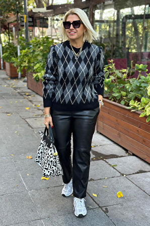 Siyah Beli Lastikli Dikişli Boru Paça Deri Pantolon