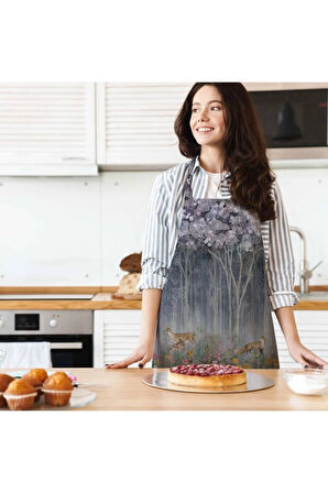 Red Mini Flowers And Gazels Mutfak Önlüğü (Keten Kumaş, Uluslararası Yıkama Ve Solmama Sertifikası)