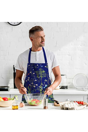 Lacivert Çiçek Detalı Mutfak Önlüğü (Keten Kumaş, Uluslararası Yıkama Ve Solmama Sertifikası)