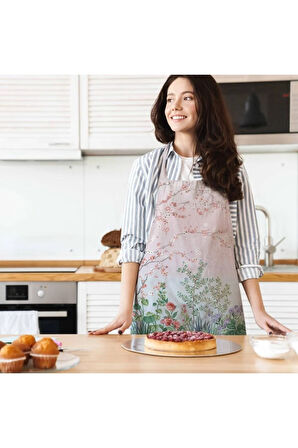 Renkli Çiçek Detaylı Mutfak Önlüğü (keten Kumaş, Uluslararası Yıkama Ve Solmama Sertifikası)