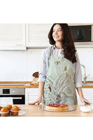 Renkli Palmiye Yaprak Detaylı Mutfak Önlüğü -Keten Kumaş, Uluslararası Yıkama Ve Solmama Sertifikası