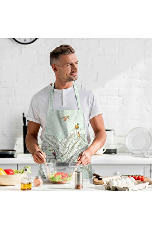 Renkli Palmiye Yaprak Detaylı Mutfak Önlüğü -Keten Kumaş, Uluslararası Yıkama Ve Solmama Sertifikası