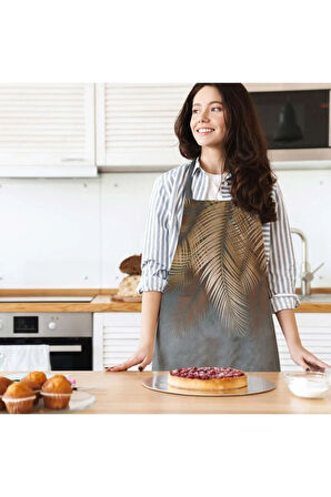 Kahverengi Palmiye Yaprak Detaylı Mutfak Önlüğü (Keten, Uluslararası Yıkama Ve Solmama Sertifikası)