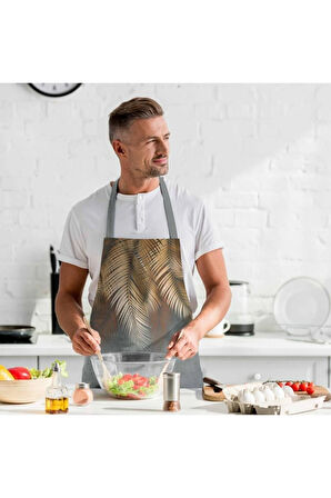 Kahverengi Palmiye Yaprak Detaylı Mutfak Önlüğü (Keten, Uluslararası Yıkama Ve Solmama Sertifikası)