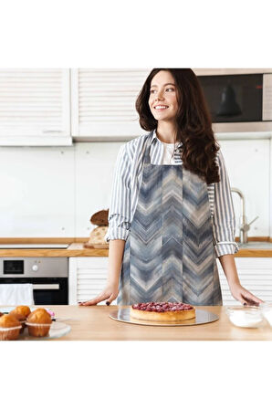 Mavi Geometrik Desen Mutfak Önlüğü (Keten Kumaş, Uluslararası Yıkama Ve Solmama Sertifikası)