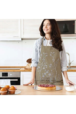 Çiçek Detaylı Mutfak Önlüğü (Keten Kumaş, Uluslararası Yıkama Ve Solmama Sertifikası)