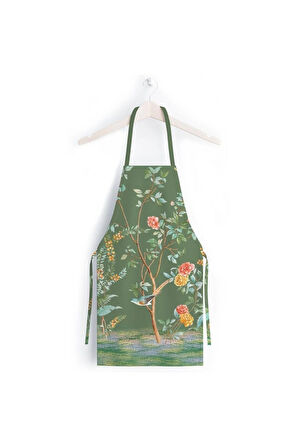 Yeşil Çiçek Detaylı Mutfak Önlüğü (Keten Kumaş, Uluslararası Yıkama Ve Solmama Sertifikası)