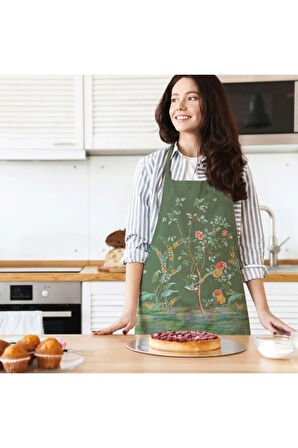 Yeşil Çiçek Detaylı Mutfak Önlüğü (Keten Kumaş, Uluslararası Yıkama Ve Solmama Sertifikası)