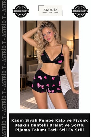 Kadın Siyah Pembe Kalp ve Fiyonk Baskılı Dantelli Bralet ve Şortlu Pijama Takımı Tatlı Stil Ev Stili