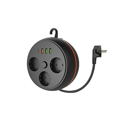BUFFER® 3 Adet Soket,3 Adet USB ve 1 Adet Type-C Girişli Termal Akım Korumalı Makaralı Priz 3395