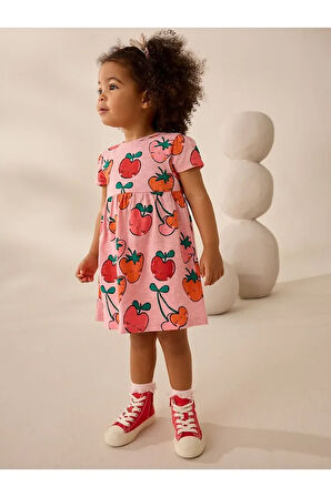 % 100 Pamuklu Çilek Pembesi Kısa Kollu Elbise