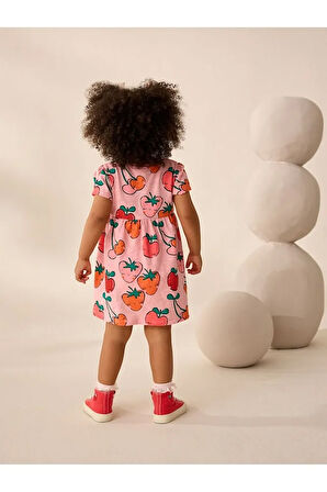 % 100 Pamuklu Çilek Pembesi Kısa Kollu Elbise