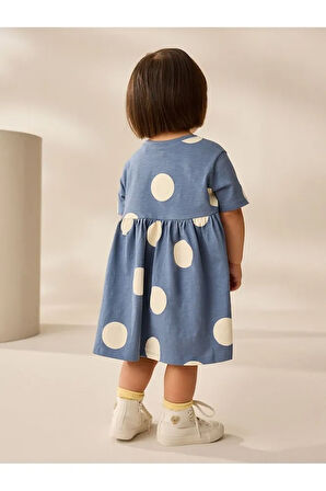 % 100 Pamuklu Mavi Karekter Desenli Kısa Kollu Elbise