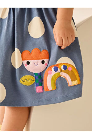 % 100 Pamuklu Mavi Karekter Desenli Kısa Kollu Elbise