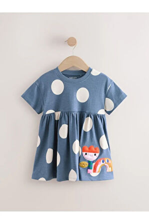 % 100 Pamuklu Mavi Karekter Desenli Kısa Kollu Elbise