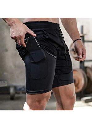Makiteks Sporcu Şortu, Alt Siyah Tayt Görünümlü Çok Cepli Taytlı Spor Şortu