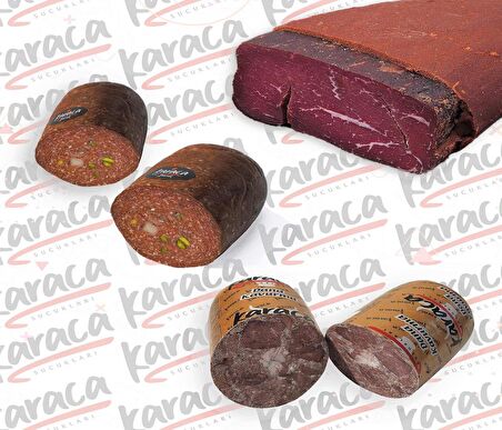 Karaca  Göden Antep Fıstıklı ve Hellim Peynirli Sucuk 250 Gr Yağsız Çemensiz Pastırma 250 Gr Blok Dana Kavurma 250 Gr