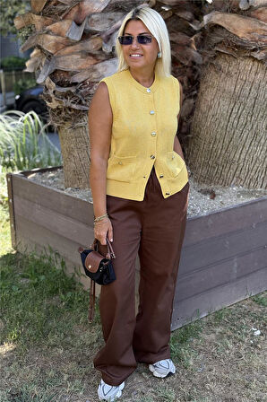 Kahverengi Beli Lastikli Bol Paça Pantolon