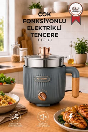 Pişirme Aleti Pratik Cihaz Çok Fonksiyonlu Elektrikli Çelik Tencere ETC01 Antrasit