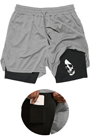 Taytlı Sporcu Şortu Skull Baskılı Spor Şort