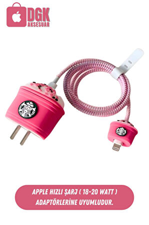 Apple 18-20 Watt Hızlı Şarj Koruyucu Başlığı ve Kablo Koruyucu Set Pembe Starbucks Figürlü