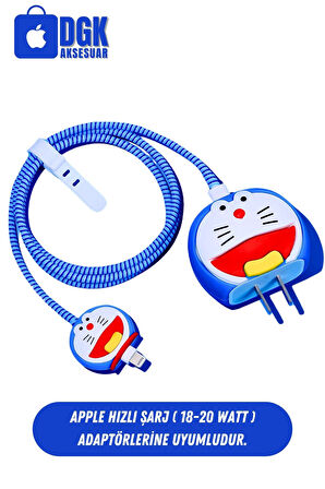 Apple 18-20 Watt Hızlı Şarj Koruyucu Başlığı ve Kablo Koruyucu Set Mavi Doraemon Figürlü