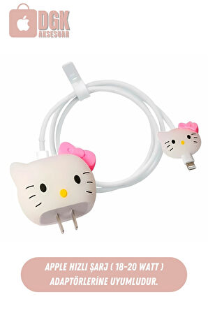 Apple 18-20 Watt Hızlı Şarj Koruyucu Başlığı ve Kablo Koruyucu Set Hello Kitty Figürlü