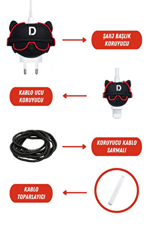 Apple 18-20 Watt Hızlı Şarj Koruyucu Başlığı ve Kablo Koruyucu Set Kırmızı DJ Kedi Figürlü