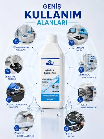 AQUAMED 2 Adet 1000 ML Deiyonize Su Laboratuvar Temizlik Akü Ütü Radyatör Suyu Hijyenik Dezenfekte Temizleyici Saf Distile Su Kireç Önleyici Temizleyici