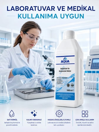 AQUAMED 2 Adet 1000 ML Deiyonize Su Laboratuvar Temizlik Akü Ütü Radyatör Suyu Hijyenik Dezenfekte Temizleyici Saf Distile Su Kireç Önleyici Temizleyici