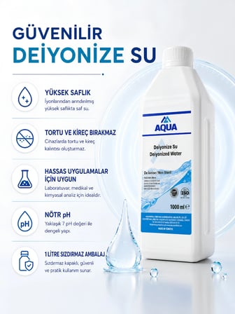 AQUAMED 2 Adet 1000 ML Deiyonize Su Laboratuvar Temizlik Akü Ütü Radyatör Suyu Hijyenik Dezenfekte Temizleyici Saf Distile Su Kireç Önleyici Temizleyici