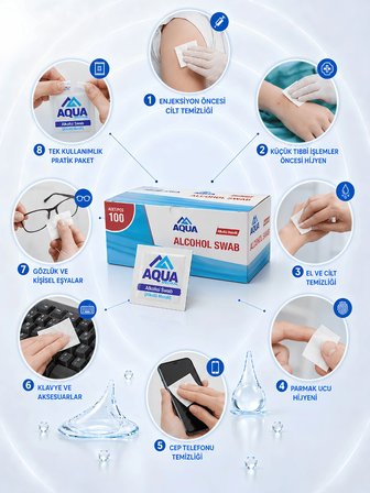 AQUAMED %70 Alkollü Mendil 100 Adet Günlük Hijyen Mendili Alkol Pedleri Çok Amaçlı Steril Telefon Klavye Ekarn Cilt Temizleme Mendili Swap
