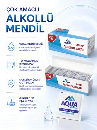 AQUAMED %70 Alkollü Mendil 100 Adet Günlük Hijyen Mendili Alkol Pedleri Çok Amaçlı Steril Telefon Klavye Ekarn Cilt Temizleme Mendili Swap
