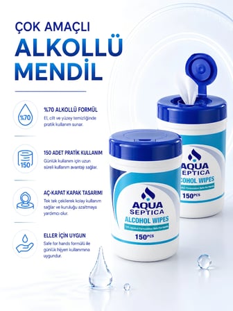 aquaseptica %70 Alkollü Mendil 150 Adet 14x16 cm Gündelik Hijyen Mendili Alkol Pedleri Çok Amaçlı Steril Telefon Klavye Ekarn Cilt Temizleme Mendili Swap
