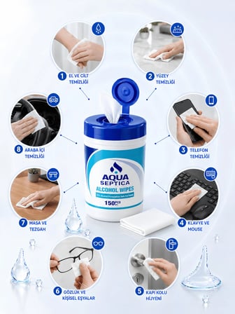 aquaseptica %70 Alkollü Mendil 150 Adet 14x16 cm Gündelik Hijyen Mendili Alkol Pedleri Çok Amaçlı Steril Telefon Klavye Ekarn Cilt Temizleme Mendili Swap