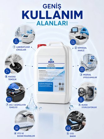 AQUA MED 5000 ML Deiyonize Su Laboratuvar Temizlik Akü Ütü Radyatör Suyu Hijyenik Dezenfekte Temizleyici Saf Distile Su Kireç Önleyici Temizleyici