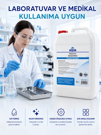 AQUA MED 5000 ML Deiyonize Su Laboratuvar Temizlik Akü Ütü Radyatör Suyu Hijyenik Dezenfekte Temizleyici Saf Distile Su Kireç Önleyici Temizleyici