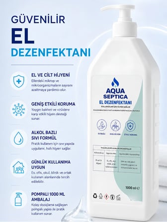 aquaseptica 1000 ML Pompa El Dezenfektanı El ve Cilt Antiseptiği Seyahat Boy %70 Ethanol Koku Giderici Hijyenik Çözelti
