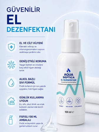 aquaseptica 100 ML Spreyli El Dezenfektanı El ve Cilt Antiseptiği Seyahat Boy %70 Ethanol Koku Giderici Hijyenik Çözelti