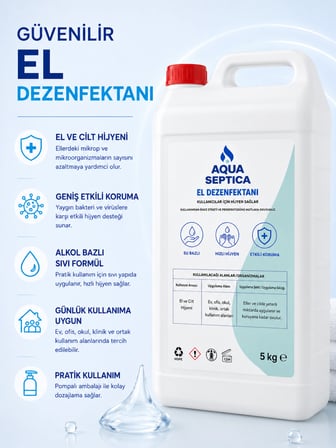 aquaseptica 5000 ML El Dezenfektanı El ve Cilt Antiseptiği Seyahat Boy %70 Ethanol Koku Giderici Hijyenik Çözelti 5 Litre